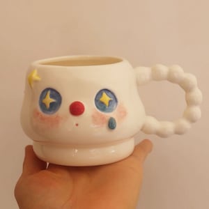 Ceramic Coffee Mug with Cute Face & Star Eyes, Handmade Pottery Mug, Kawaii Cartoon Anime Mug, Birthday Gift for Her