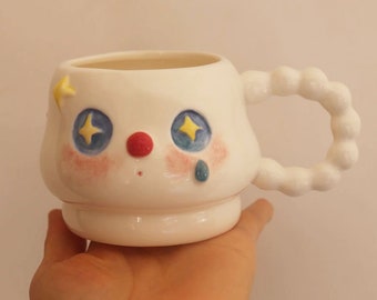 Ceramic Coffee Mug with Cute Face & Star Eyes, Handmade Pottery Mug, Kawaii Cartoon Anime Mug, Birthday Gift for Her