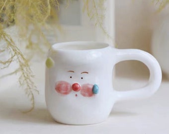 Boho Coffee Mug with Funny Face,  Handmade Pottery Mug, Cute Ceramic Coffee Cup, Aesthetic Drinkware, Christmas Gift for Her