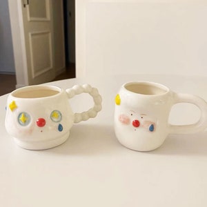 Kawaii Face Mug with Blue Tear Drop & Yellow Star, Unique Ceramic Coffee Mug, Handmade Pottery Mug with Handle, Cute Christmas Gift for Girl