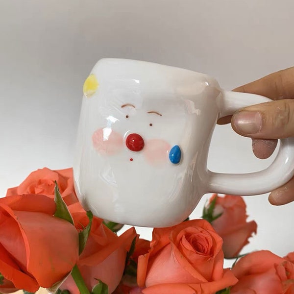 Handmade Funny Face Coffee Mug, Kawaii Ceramic Mug for Kids, Cute Cartoon Coffee Cup 7oz, Unique Birthday/ Christmas Gift for Her