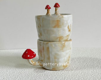Farmhouse Coffee Mug with Red Mushroom, Cute Ceramic Cup, Handmade Pottery Mug, Birthday Gift for Her, Mom, Coworker