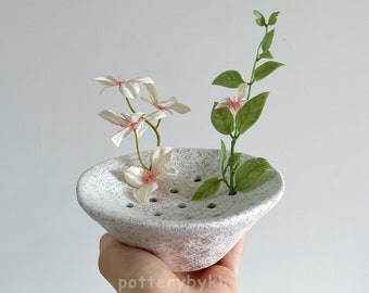 Unique Bowl Shape ikebana Vase for Flowers, Rustic Flower Frog/ Kenzan, Boho Table Shelf Decor, Birthday Gift for Mom