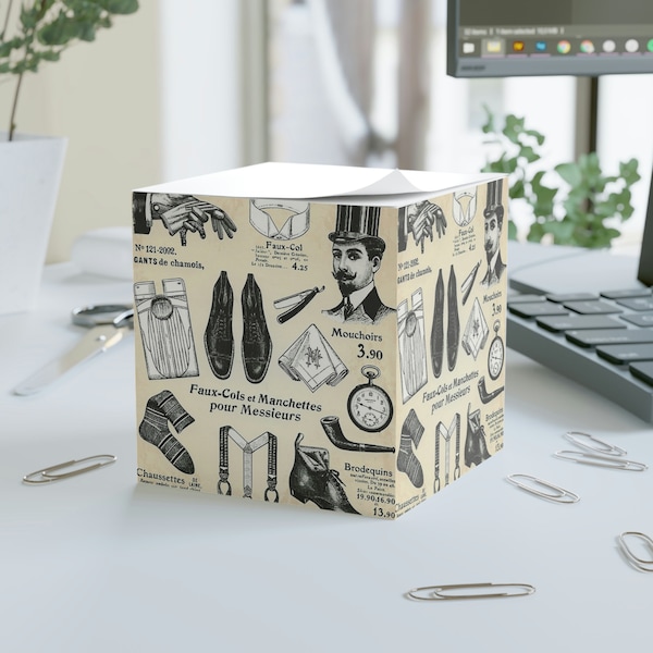 Note Cube - sticky notes - 700 sheets - desk square note pad - stacked notepad with vintage french illustration- gift for friend