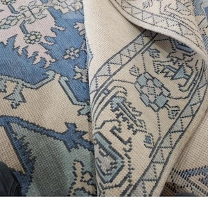Hand-Knotted Oushak Wool Rug: Beige, Blue, Green Vintage Turkish Rug