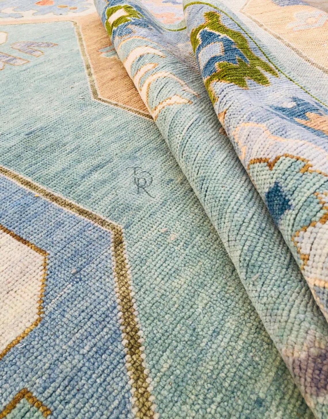 Handmade Wool Area Rug - Large Light Blue Vintage Style Oushak Rug With ...