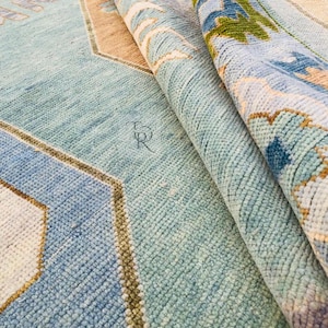 Beautiful Beige Oushak Rug 8x10, Silver Blue & Green Wool Rug, Muted Area Rug 9x12, Modern Turkish Rug, Floral Living Room Rug: