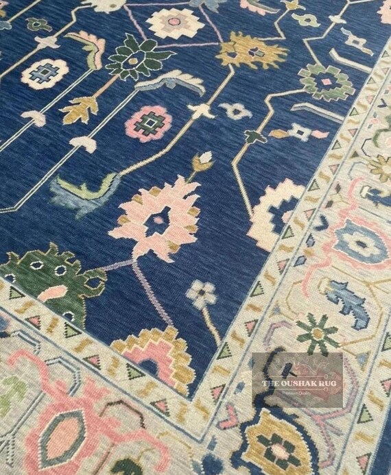 Modern Blue Oushak Rug 8x10 and 9x12 Hand Knotted rug Blue and Cream Vintage Oushak Wool Area Rug for living room 9x12 10x14 5x8 8x10 6x9