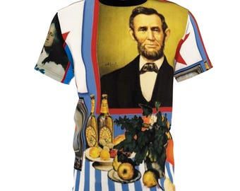 Unisex Pop Art Collage T Shirt - Lincoln & Washington Graphic Tee - Vintage Still life Streetwear - Artistic All Over Print Shirt
