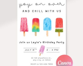 Popsicle Birthday Invitation – “Pop On Over” Summer and Pool Party Birthday Template