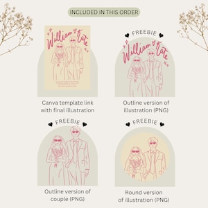 May include: A digital illustration of a wedding couple, William and Kate, in a pink outline style. The illustration is included in four different formats: a Canva template, an outline version, a round version, and an outline version of just the couple.