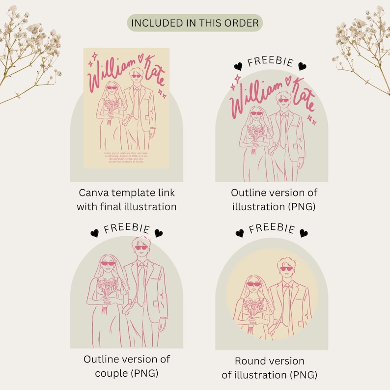May include: A digital illustration of a wedding couple, William and Kate, in a pink outline style. The illustration is included in four different formats: a Canva template, an outline version, a round version, and an outline version of just the couple.