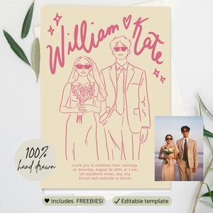 Personalisierte paar Hochzeit lädt ein, handgezeichnet, mutig hell bunt Minimalistisch, einfach Spaß cool, wunderlich einzigartigen Stil, Budget Hochzeit