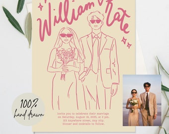 Personalised Couple Wedding Invites, hand drawn,bold bright colorful Minimalist,simple fun cool,whimsical unique style, budget wedding