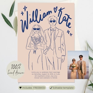 Personalisierte paar Hochzeit lädt ein, handgezeichnet, mutig hell bunt Minimalistisch, einfach Spaß cool, wunderlich einzigartigen Stil, Budget Hochzeit