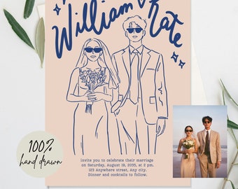 Personalised Couple Wedding Invites, hand drawn,bold bright colorful Minimalist,simple fun cool,whimsical unique style, budget wedding