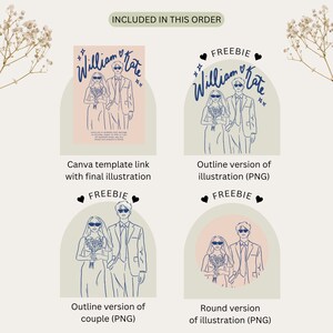 May include: A digital illustration of a wedding invitation template with a couple in a line drawing style. The template includes the names "William & Kate" and a pink background. The illustration is available as a Canva template, an outline version, and a round version.