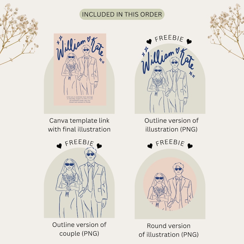 May include: A digital illustration of a wedding invitation template with a couple in a line drawing style. The template includes the names "William & Kate" and a pink background. The illustration is available as a Canva template, an outline version, and a round version.