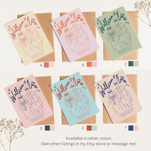 May include: Six different color variations of a wedding invitation card with a line drawing of a bride and groom in sunglasses. The text on the card reads "William & Kate".