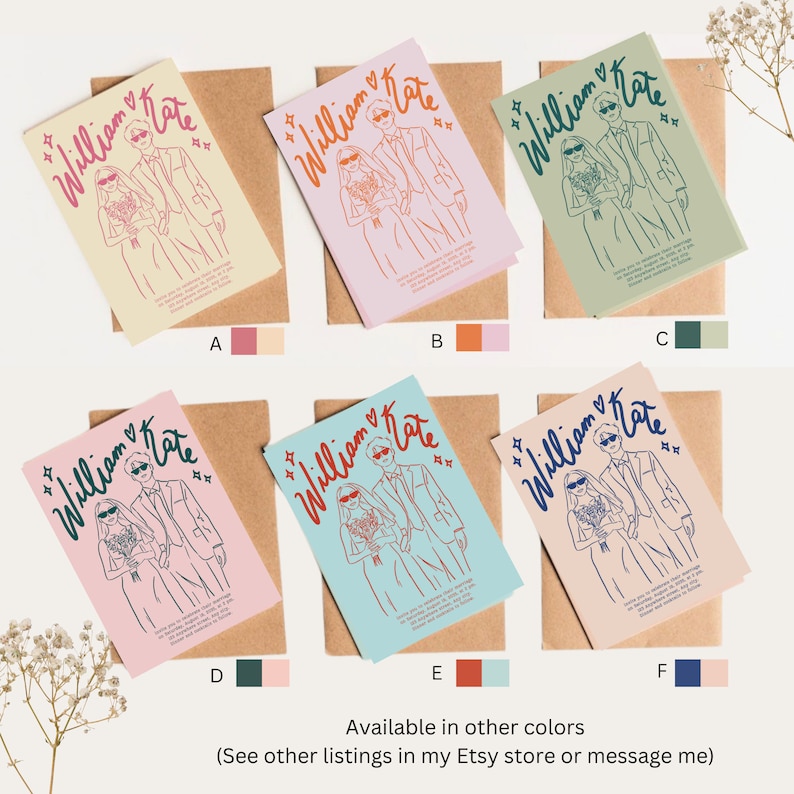 May include: Six different color variations of a wedding invitation card with a line drawing of a bride and groom in sunglasses. The text on the card reads "William & Kate".