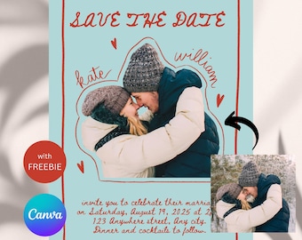 Whimsical Save the Date Invitation with Colorful Hand Drawn Design - Handwritten Names, Canva wedding template,digital download with freebie