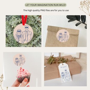 May include: Four different ways to use a printable wedding sticker featuring a line drawing of a bride and groom wearing sunglasses. The sticker is shown on a Christmas ornament, a gift bag, a cupcake, and a gift tag. The text "For you!" is on the gift tag.