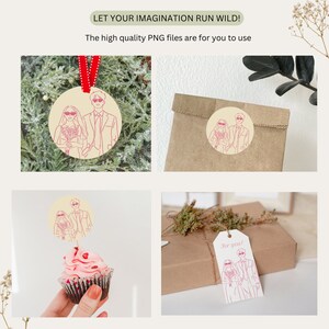 May include: Four different ways to use a digital illustration of a couple wearing sunglasses and holding a bouquet of flowers. The illustration is on a round ornament, a gift tag, a cupcake topper, and a gift bag sticker. The text "For you!" is on the gift tag.