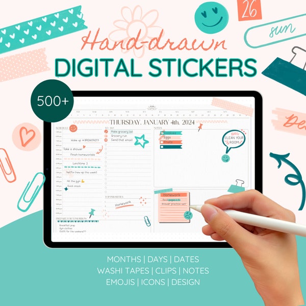Handdrawn digital stickers, digital planner journal, textured stickers, handdrawn clipart, cute doodle stickers, Unique clipart, Goodnotes
