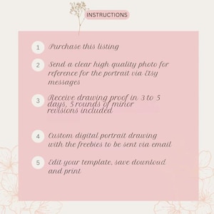 May include: A pink and white graphic with instructions for purchasing a custom digital portrait drawing. The instructions include purchasing the listing, sending a high-quality photo, receiving a drawing proof, and editing the final portrait.