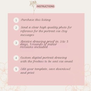 May include: A pink and white graphic with instructions for purchasing a custom digital portrait drawing. The steps include purchasing the listing, sending a photo, receiving a drawing proof, receiving the final portrait, and editing the template.