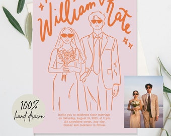 Personalised Couple Wedding Invites, hand drawn,bold bright colorful Minimalist,simple fun cool,whimsical unique style, budget wedding