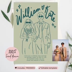 Invitaciones de boda personalizadas para parejas, dibujadas a mano, minimalistas, coloridas, llamativas, divertidas, sencillas, con un estilo único y caprichoso, para bodas económicas.