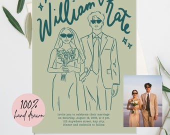 Personalised Couple Wedding Invites, hand drawn,bold bright colorful Minimalist,simple fun cool,whimsical unique style, budget wedding