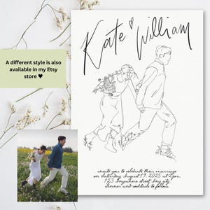 May include: A wedding invitation with a line drawing of a couple running towards each other. The invitation includes the couple's names, "Kate William", and the date and time of the wedding. The text reads: "Invite you to celebrate their marriage on Saturday, August 19, 2025 at 2pm. 123 Anywhere street, Any city. Dinner and cocktails to follow."
