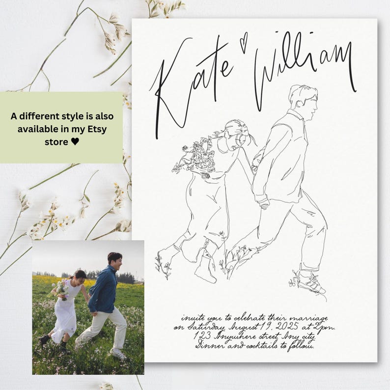May include: A wedding invitation with a line drawing of a couple running towards each other. The invitation includes the couple's names, "Kate William", and the date and time of the wedding. The text reads: "Invite you to celebrate their marriage on Saturday, August 19, 2025 at 2pm. 123 Anywhere street, Any city. Dinner and cocktails to follow."