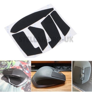 May include: A set of black mouse feet pads for a gaming mouse. The pads are textured and come in various shapes and sizes to fit different mouse models. The pads are shown on a white background.