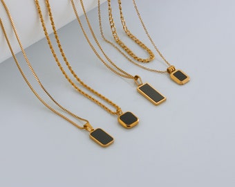 18k Gold Black Pendant Necklace • Gold Chain Necklace • Black Charm Necklace Gold • Black Enamel Jewelry • Layering Necklace • Stone Jewelry