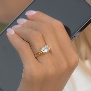 CZ Diamond Ring: 18k Gold Waterproof Oval Solitaire