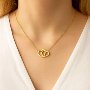 Delicate Double Heart Necklace, Gold Interlocking Hearts Pendant, Minimalist Love Necklace, Romantic Gift for Her, Charm Necklace