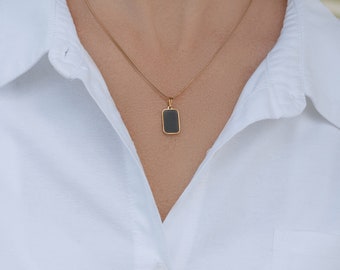 Black Enamel Pendant Necklace • Black Crystal Necklace Gold • Black Stones Jewelry • Christmas Gift For Her • Black Square Charm Necklace