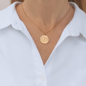 Gold Evil Eye Medallion Necklace: Engraved Protection Jewelry