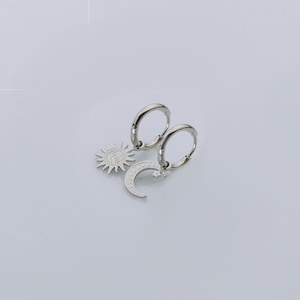 Moon Sun Hoop Earrings Silver • Sun and Moon Dangle Earrings • Crescent and Sun Hoops • Celestial Jewelry • Stainless Steel Huggie Earrings