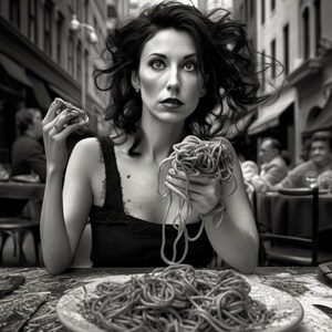 May include: A woman sits at a table in a restaurant, holding a plate of spaghetti and a piece of bread. She is looking up at something off camera. The table is set with a plate, a fork, and a knife.