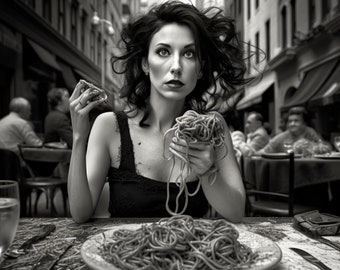 Ritratto di Donna che mangia Pasta eine New Yorker Realizzato Mediante Software der künstlichen Intelligenz. Fotografia AI ispirata da Helmut New