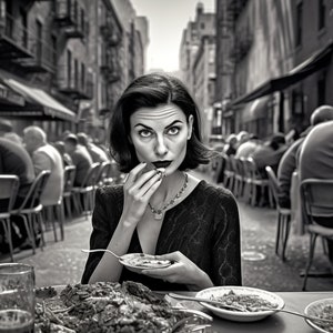 Ritratto di Donna che mangia pasta a New York realizzato tramite software di Intelligenza Artificiale. Fotografia AI ispirata da Helmut New