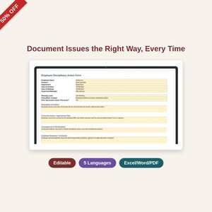 Formularz działań dyscyplinarnych wobec pracownika, szablon pisma, ostrzeżenie działu HR, 5 języków (Excel, Word, PDF)