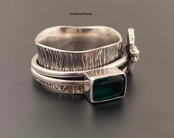 Emerald Bee Spinner Ring: Sterling Silver Wave Band, Boho Fidget Jewelry