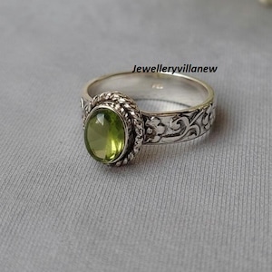 Handmade Sterling Silver Peridot Ring, Floral Design, Boho Style