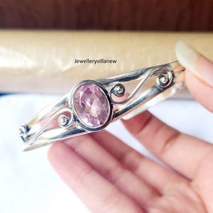 Pink Rose Quartz Bangle, 925 Sterling Silver, Handmade Bangle, Women Bangle, Party Wear Bangle, Friendship Bangle, Gift For Valentine&#39;s Day.