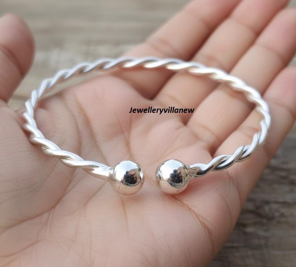 Twisted 925 Sterling Silver Bangle, Adjustable Ball End Cuff - Etsy